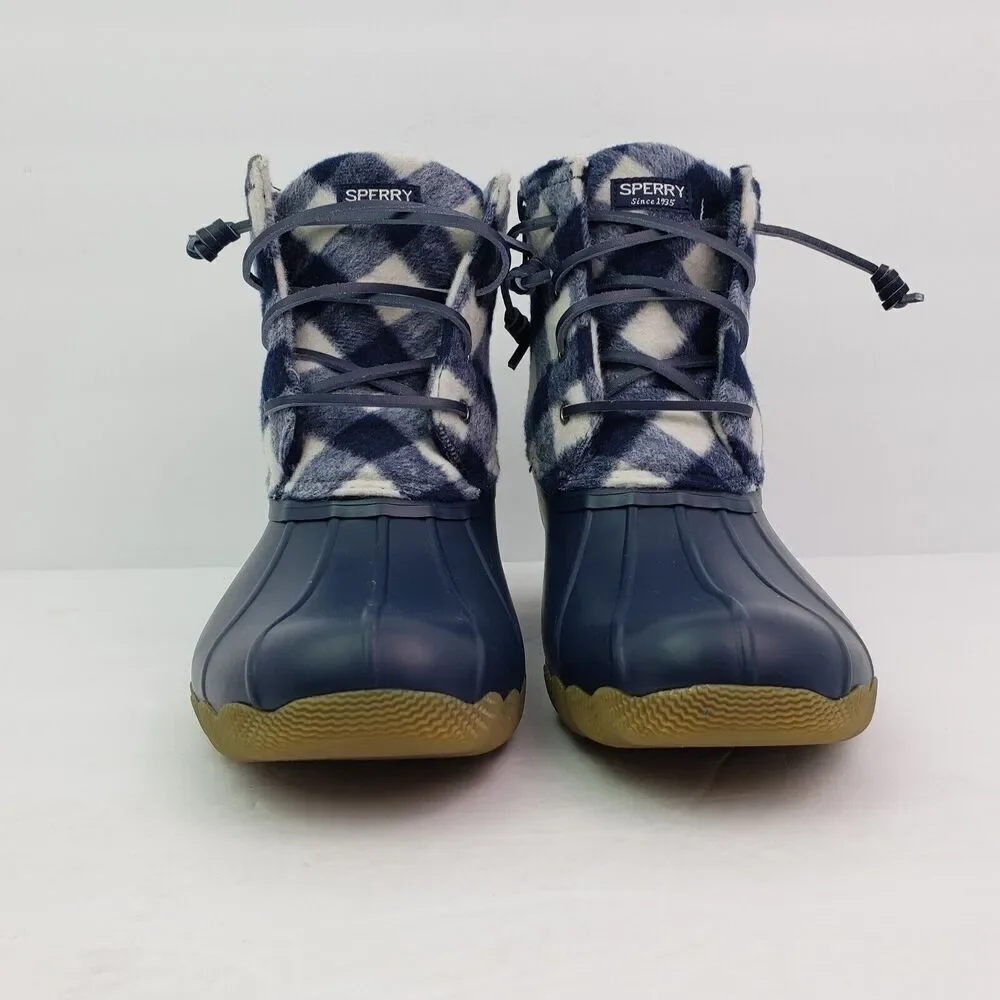 Sperry Top Sider Saltwater Youth Sz 6Y Blue Plaid Wool Waterproof Duck Boots
